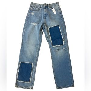 Subdued Patchwork High Rise Straight Distressed Denim Jeans Size 25